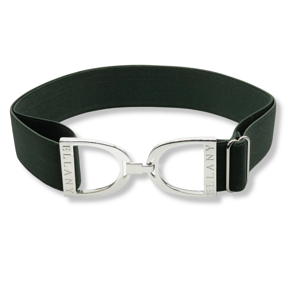 A hunter green Ellany Limited Edition belt with a polished silver-tone metal bit buckle featuring the brand name &