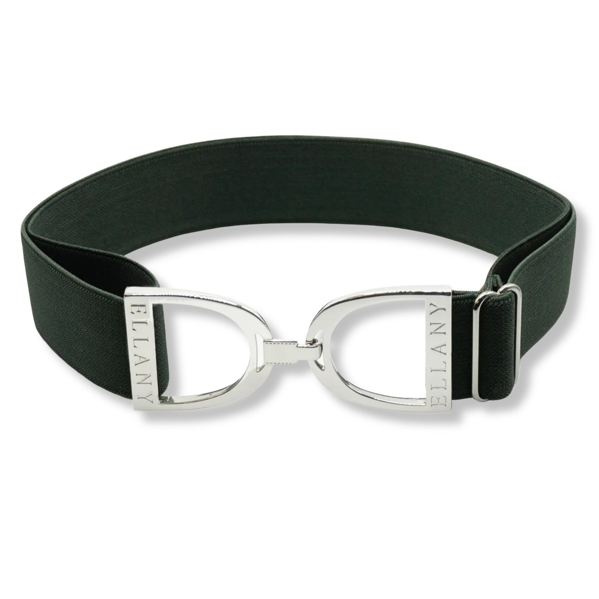 A hunter green Ellany Limited Edition belt with a polished silver-tone metal bit buckle featuring the brand name &