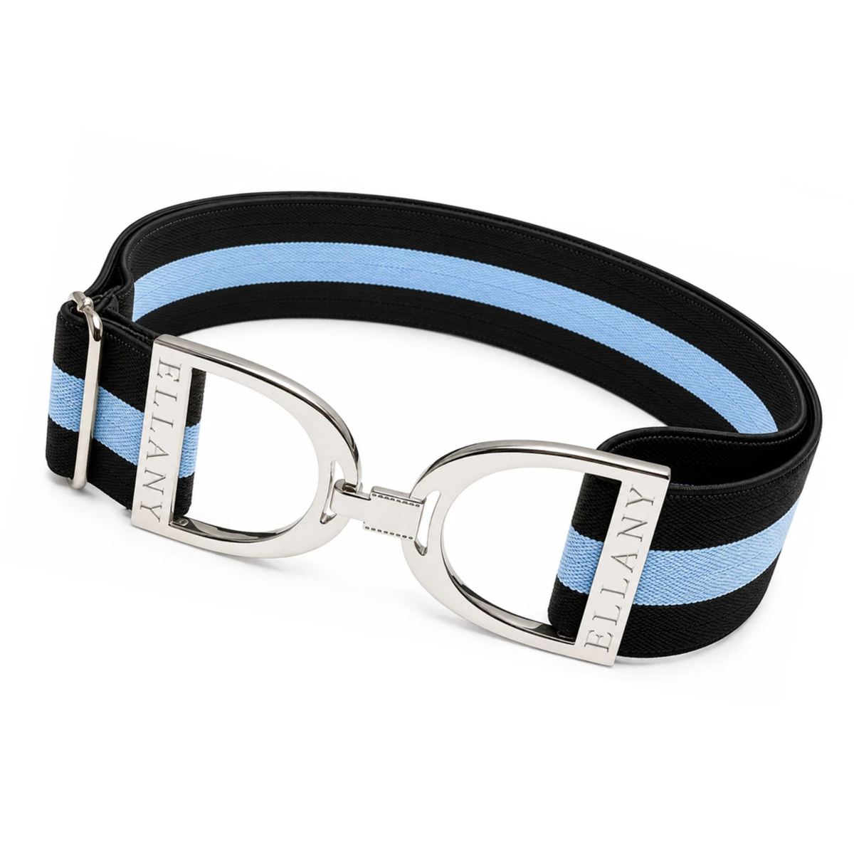 A navy &amp; light blue Kenzie Limited Edition Ellany belt with a polished silver-tone metal buckle featuring the brand name &