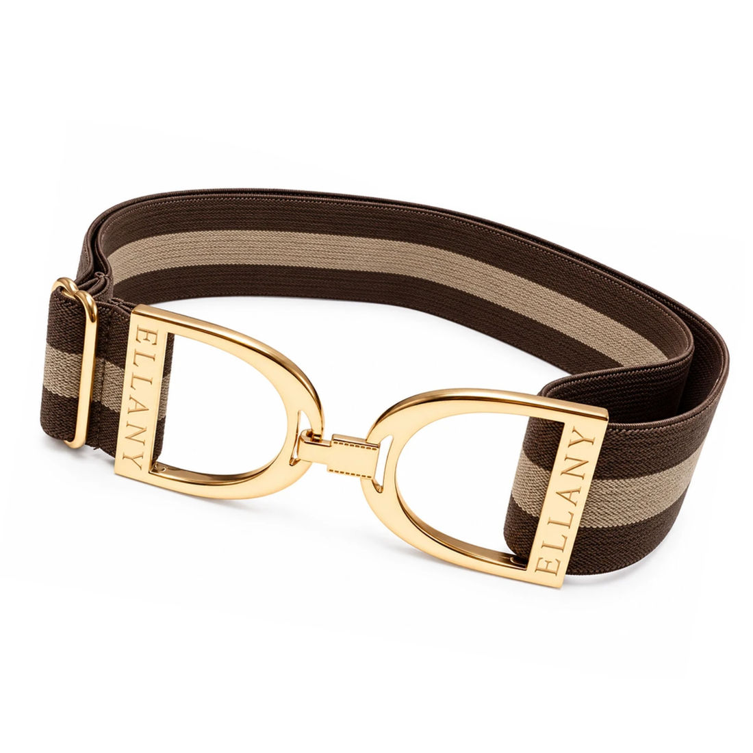 A brown &amp; tan Vidri Limited Edition Ellany belt with a polished gold-tone metal buckle featuring the brand name &