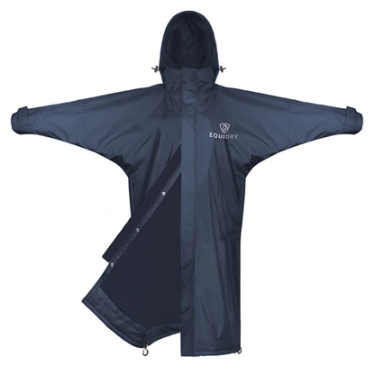 A dark navy blue EquiDry Evolution Mesh Lined hooded cost with the sleeves extended shown flat against a white background. The brand name &