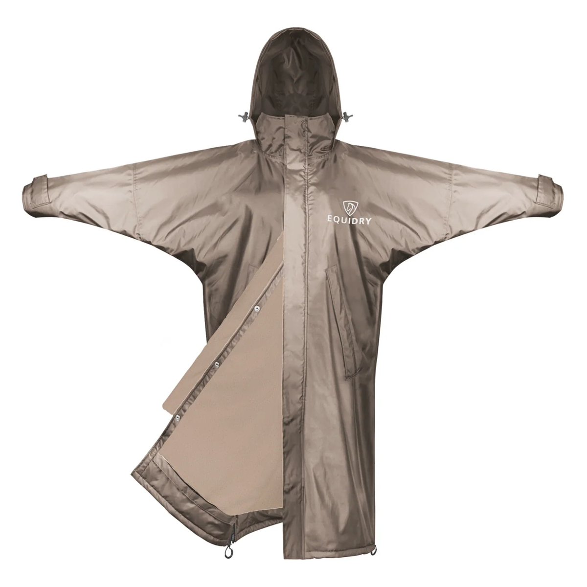 A hooded EquiDry Evolution Mesh Lined coat in a taupe-brown color, shown with the front flap open to reveal the inner lining. The brand name &