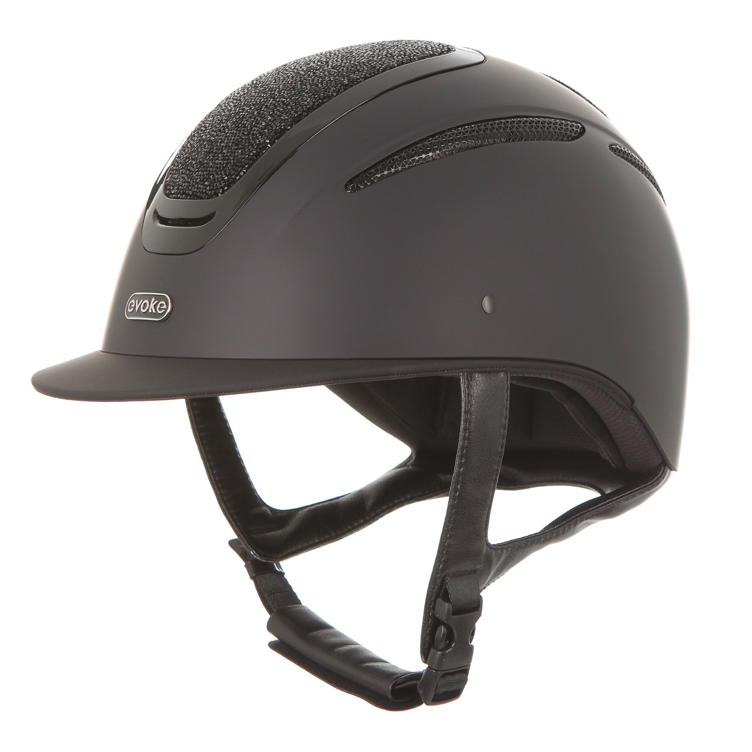 A matte black Evoke Elara equestrian riding helmet with a classic brim and a black jet top panel, a visor, and adjustable black chin strap, shown on a solid white background.