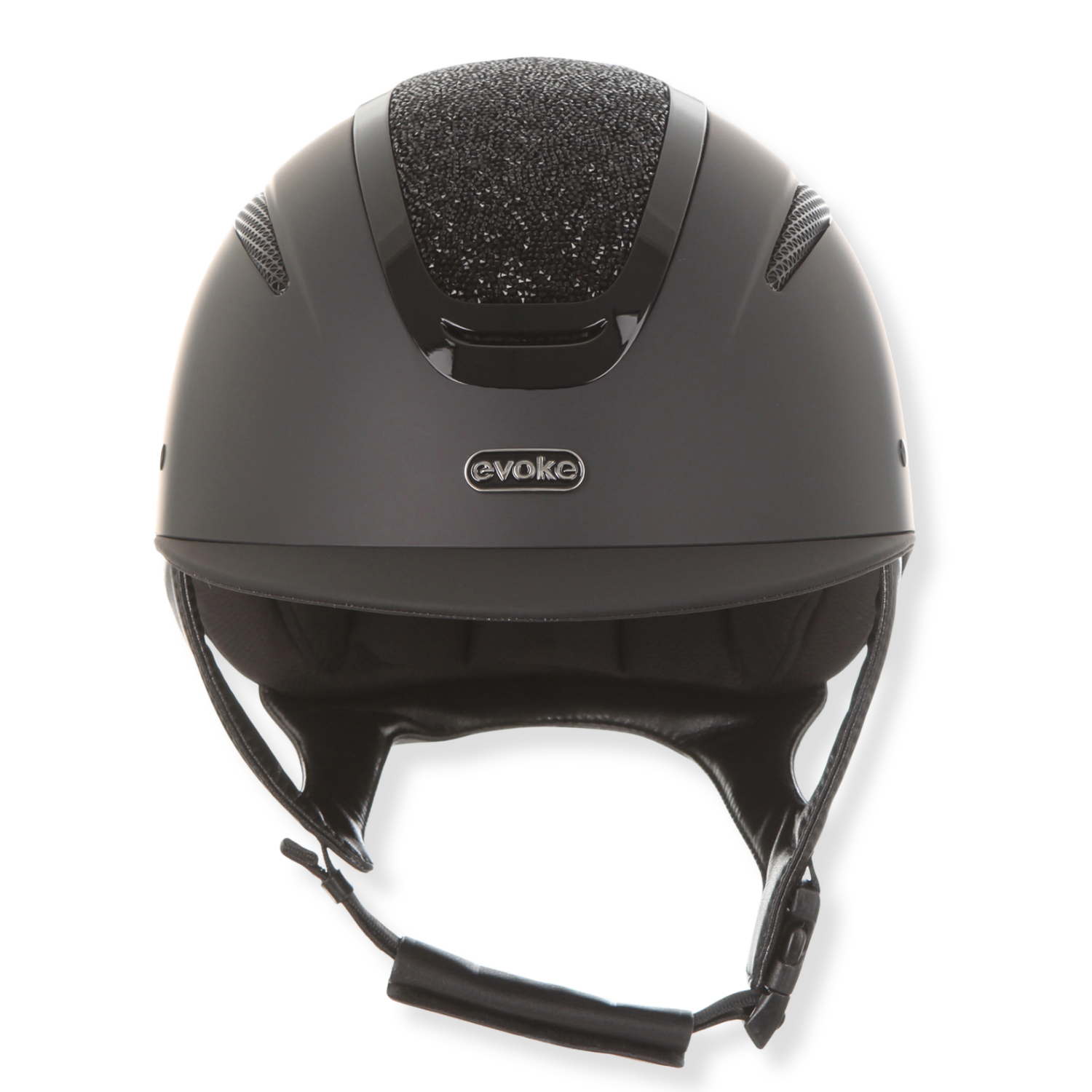 A matte black Evoke Elara classic brim equestrian helmet with a textured glittery black top panel and a visible &