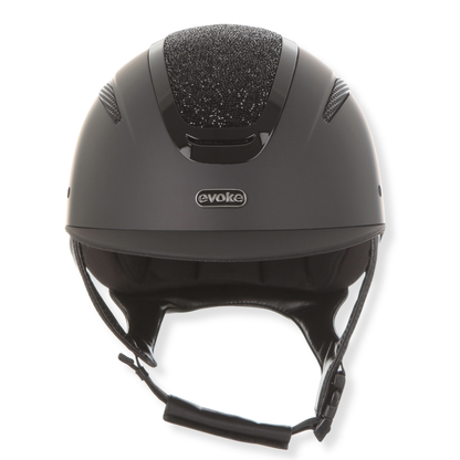 A matte black Evoke Elara classic brim equestrian helmet with a textured glittery black top panel and a visible &