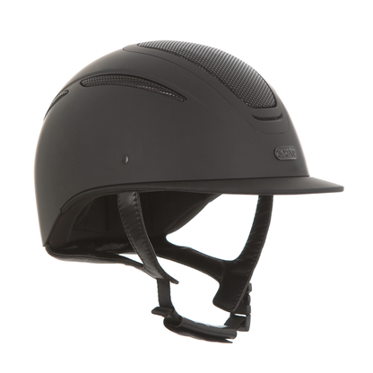 A matte black Evoke Elara Classic Brim equestrian riding helmet with a visor and adjustable chin strap, shown from a side profile on a white background.