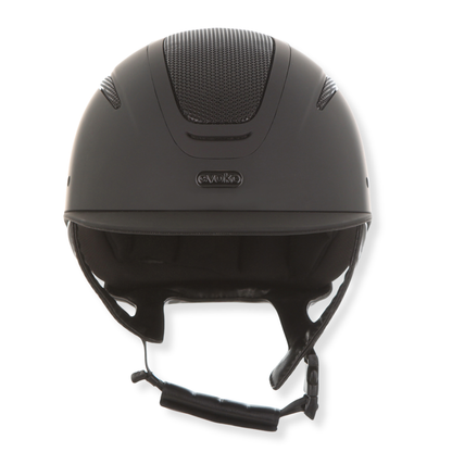 A matte black Evoke Elara classic brim equestrian riding helmet with a textured ventilation top panel and a small silver Evolve logo on the front, shown against a plain white background.