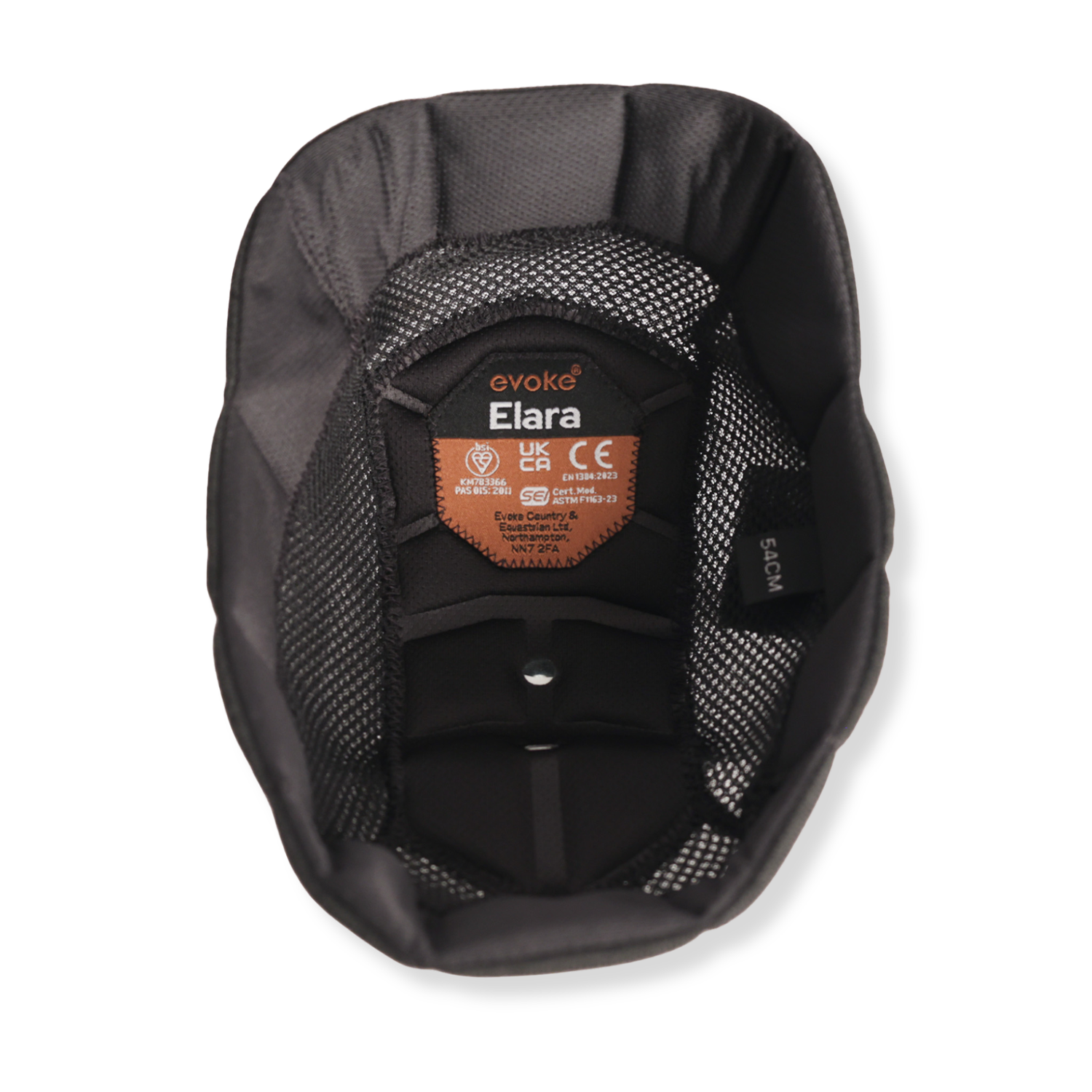 The interior of a black Evoka Elara riding helmet liner showing the padded inner liner, mesh ventilation panels, and a central orange and white brand label.
