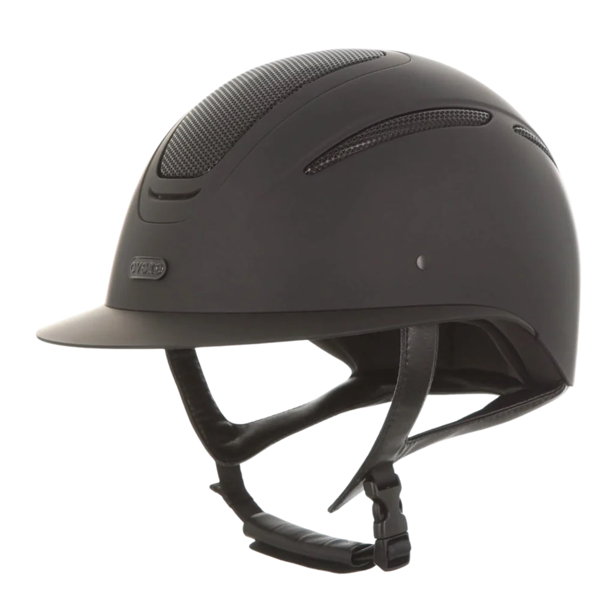 A matte black Evoke Elara Wide Brim riding helmet with a visor and adjustable chin strap, shown from a side profile on a white background.