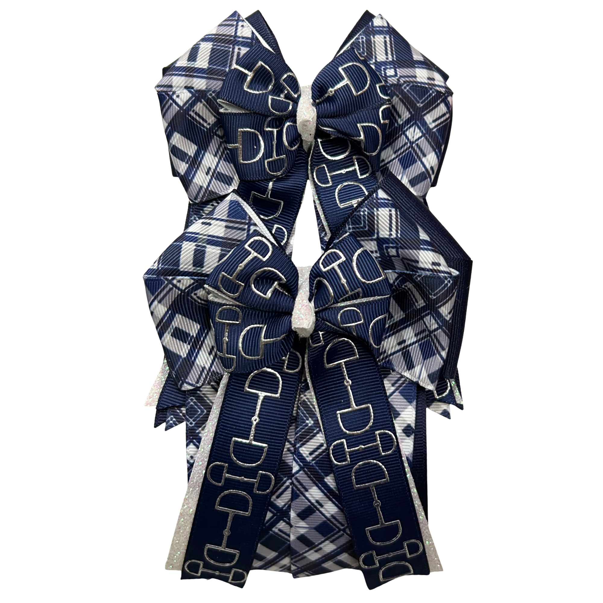 A double-tiered grosgrain ribbon hair bow featuring a navy blue and white horse-and-riding pattern with plaid accents, displayed on a solid white background.