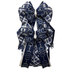 A double-tiered grosgrain ribbon hair bow featuring a navy blue and white horse-and-riding pattern with plaid accents, displayed on a solid white background.