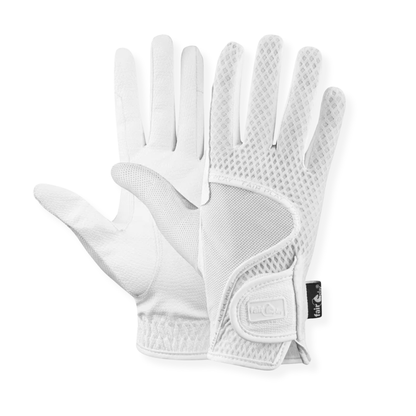 A pair of white Fair Play LOLA riding gloves with textured mesh panels on the back of the hands and a small black brand tag on the wrist strap, shown against a plain white background.