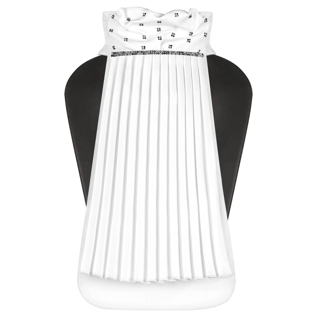 A white pleated equestrian stock tie with black crystals displayed on a black mannequin torso against a plain white background.