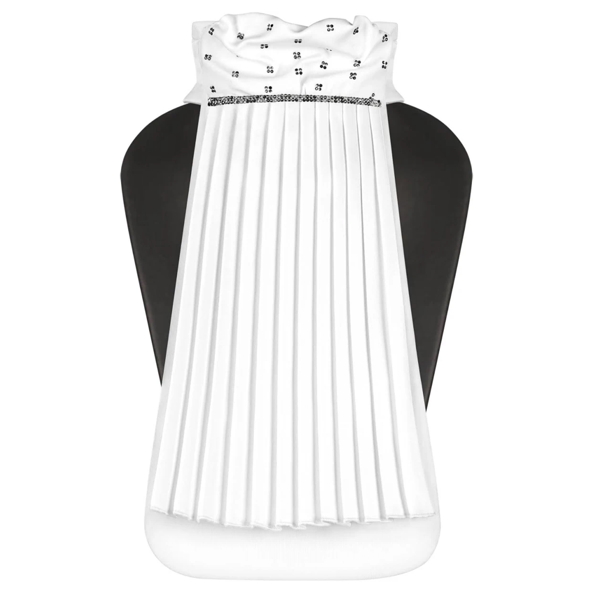 A white pleated equestrian stock tie with black crystals displayed on a black mannequin torso against a plain white background.