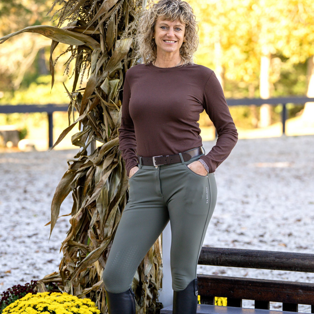 KL Select Gabrielle Knee Patch Breeches,  Olive/Espresso Piping