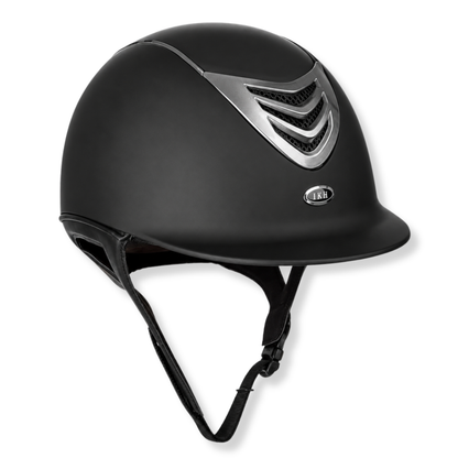 A matte black IR4G Competitors Choice LONG OVAL equestrian riding helmet with a titanium chevron accent and a small oval logo badge on the front, shown against a plain white background.