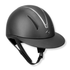 Leather look IRH F1 Wide Brim, Long Oval equestrian riding helmet with titanium chevron stripe and a small diamond-shaped logo badge on the front, shown on a white background.