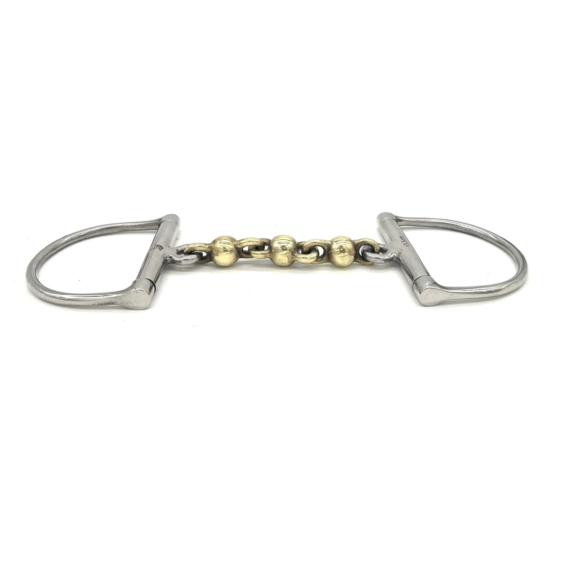 Side view of a Jake Adams Equestrian Brass Waterford D bit on a white background.