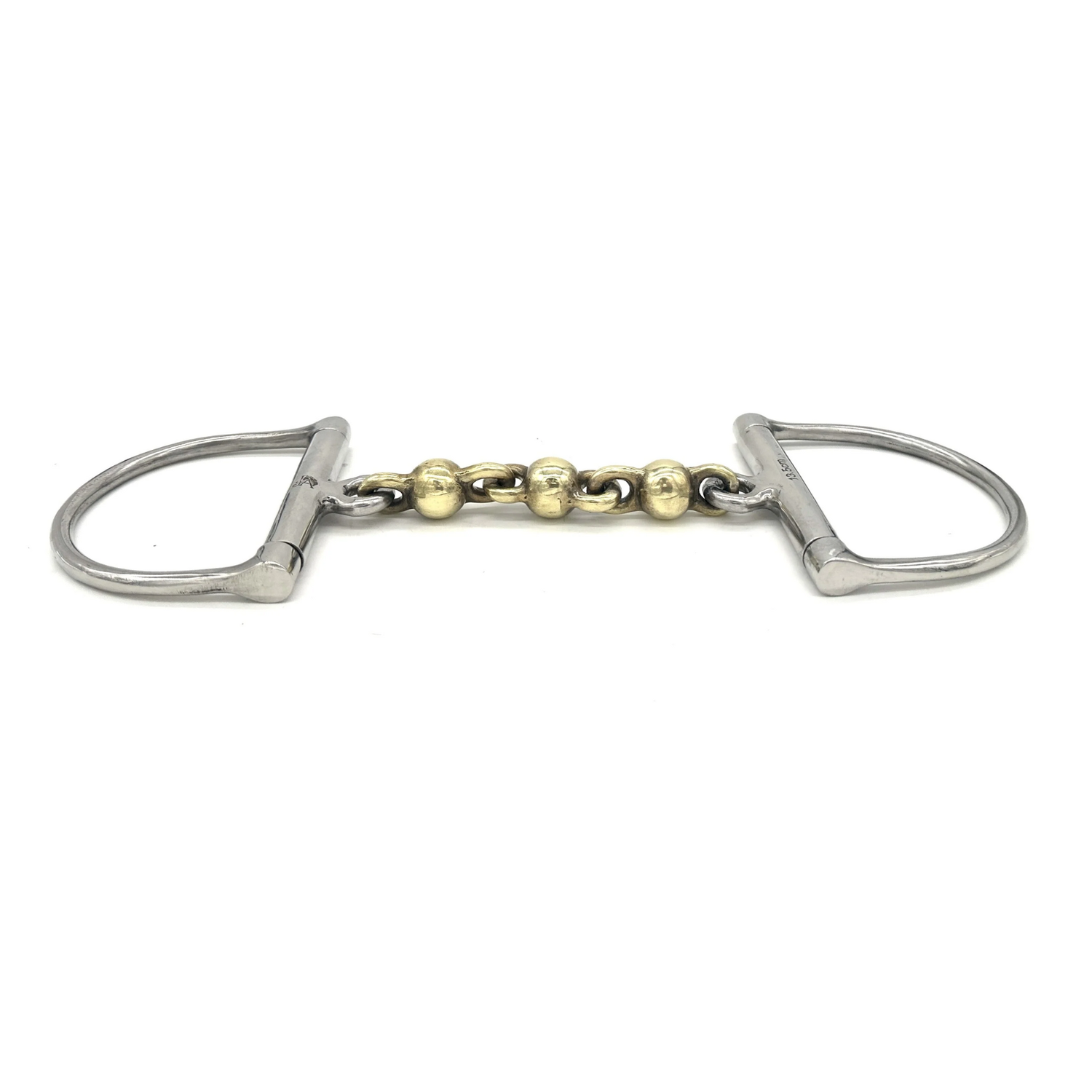 Side view of a Jake Adams Equestrian Brass Waterford D bit on a white background.