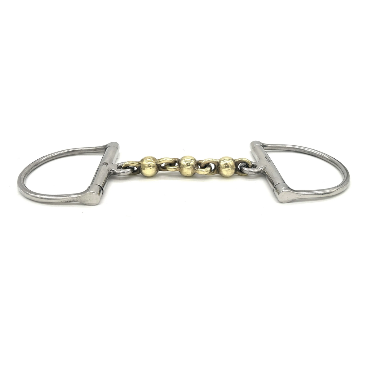 Side view of a Jake Adams Equestrian Brass Waterford D bit on a white background.