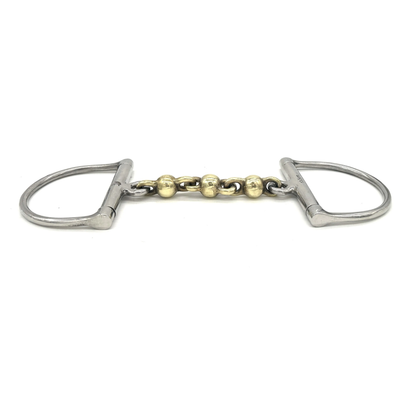 Side view of a Jake Adams Equestrian Brass Waterford D bit on a white background.