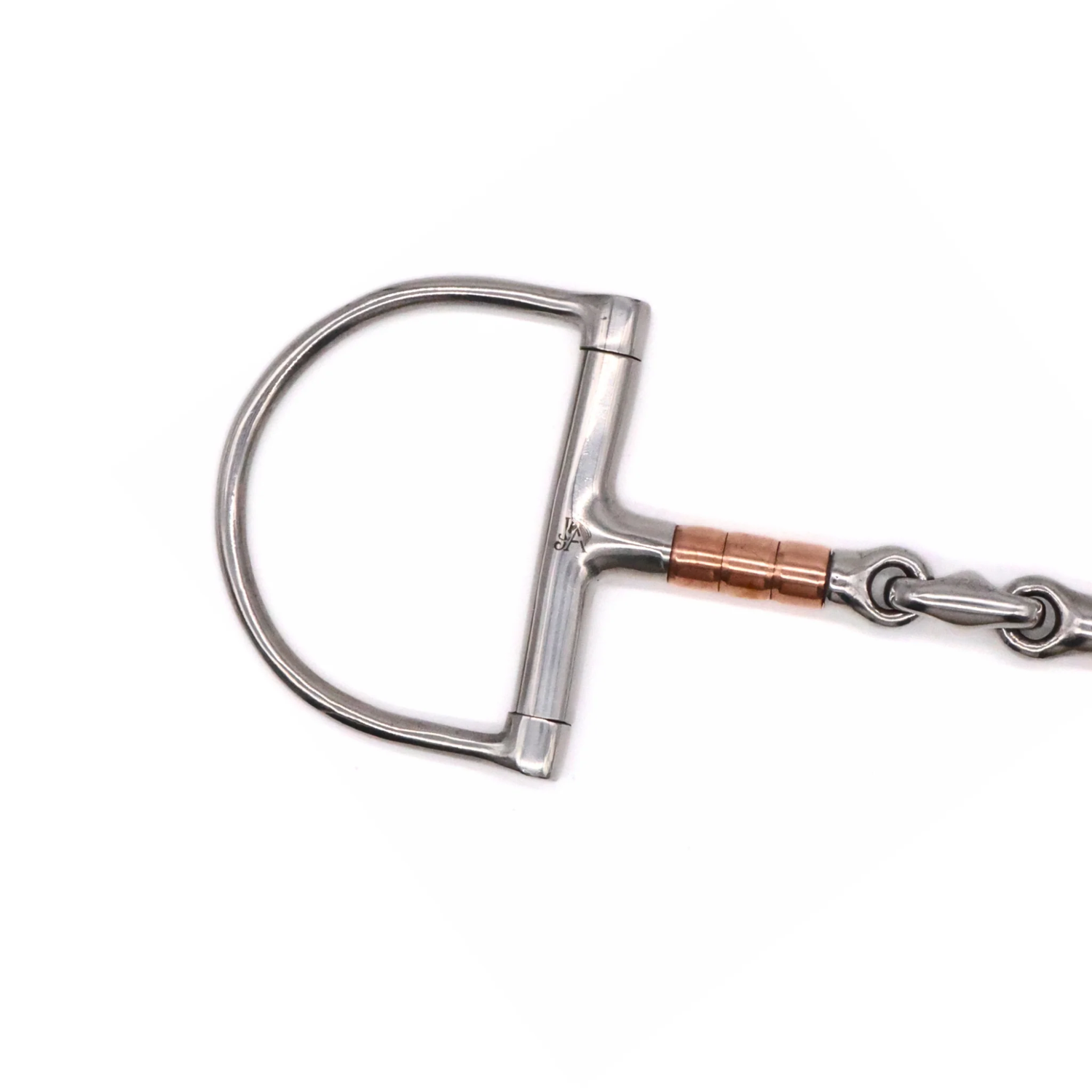 Closeup view of the D cheekpiece on a Jake Adams Equestrian Copper Roller Elliptical D bit on a white background. 