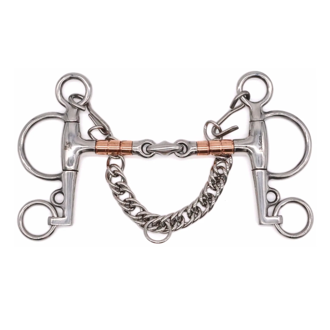 Jake Adams Equestrian Copper Roller Elliptical Pelham bit on a white backgound.