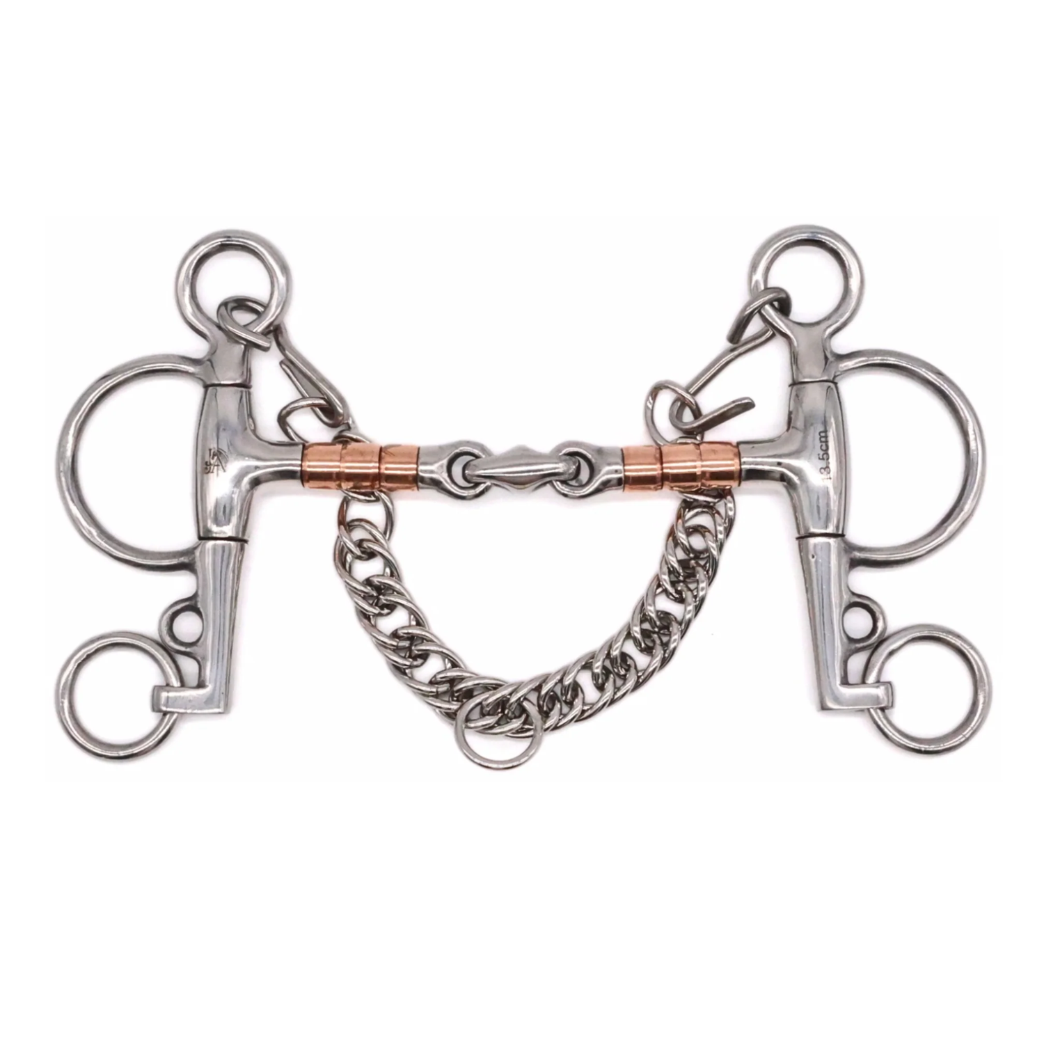 Jake Adams Equestrian Copper Roller Elliptical Pelham bit on a white backgound.