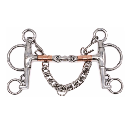 Jake Adams Equestrian Copper Roller Elliptical Pelham bit on a white backgound.