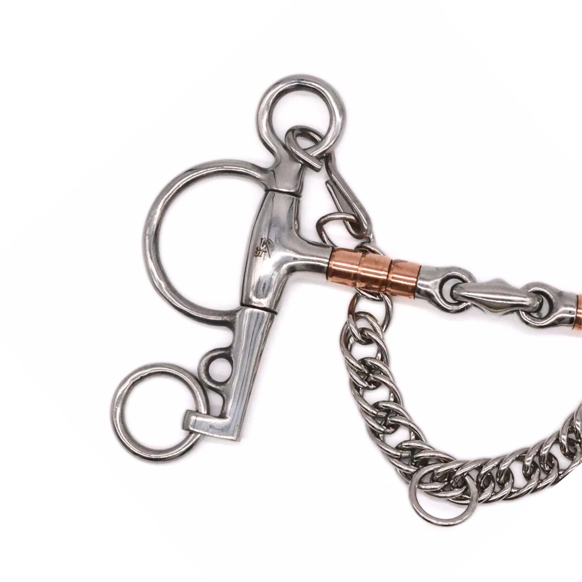 Closeup of the cheekpiece of a Jake Adams Equestrian Copper Roller Elliptical Pelham bit on a white background.