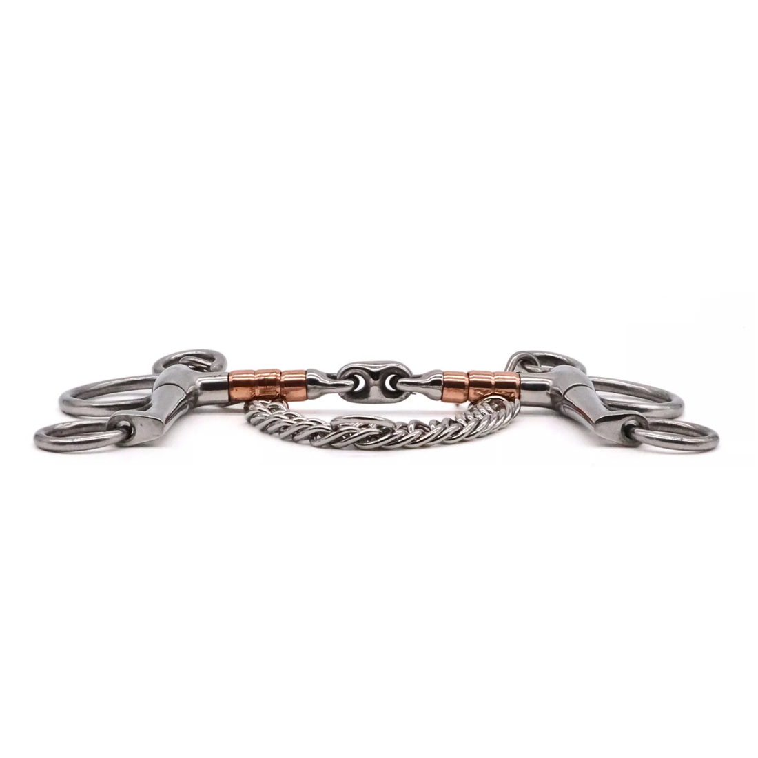 Side view of a Jake Adams Equestrian Copper Roller Elliptical Pelham bit on a white background.