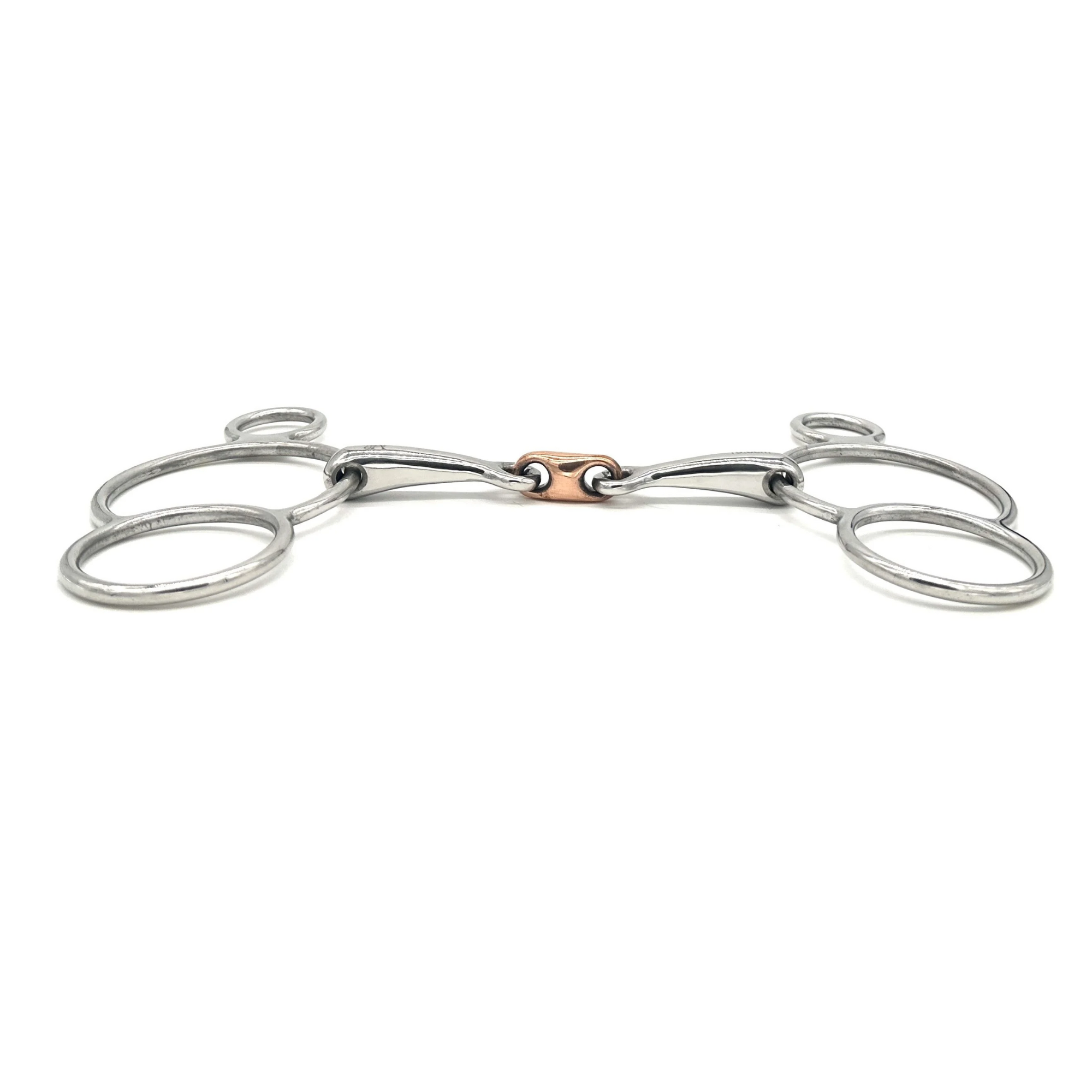 Side view on a Jake Adams Equestrian Double Jointed Copper Elliptical Two Ring bit on a white background.