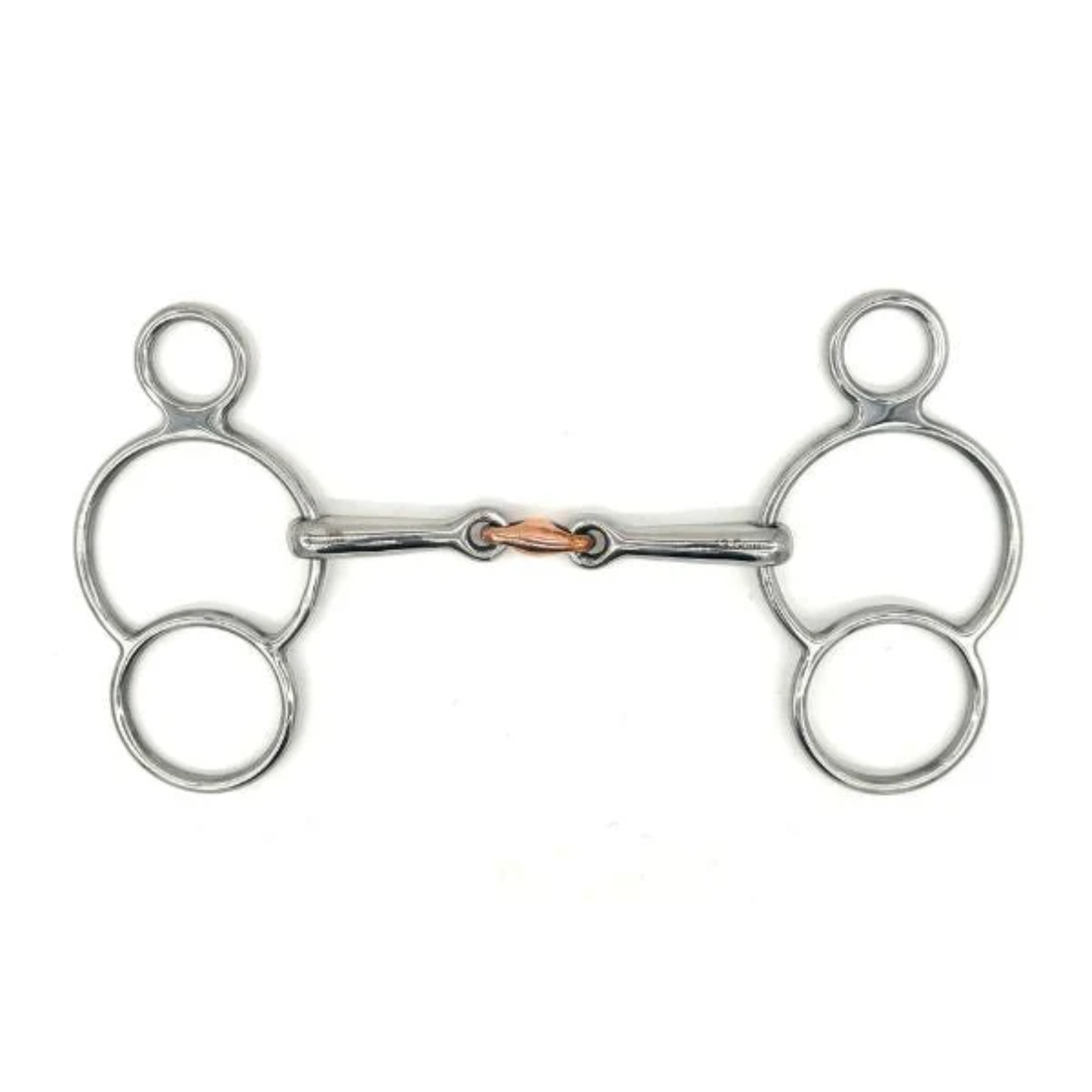 Jake Adams Equestrian Double Jointed Copper Elliptical Two Ring bit on a white background.