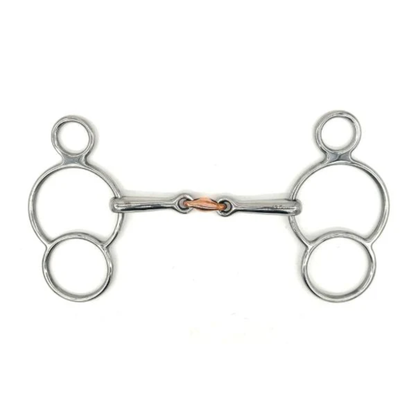 Jake Adams Equestrian Double Jointed Copper Elliptical Two Ring bit on a white background.