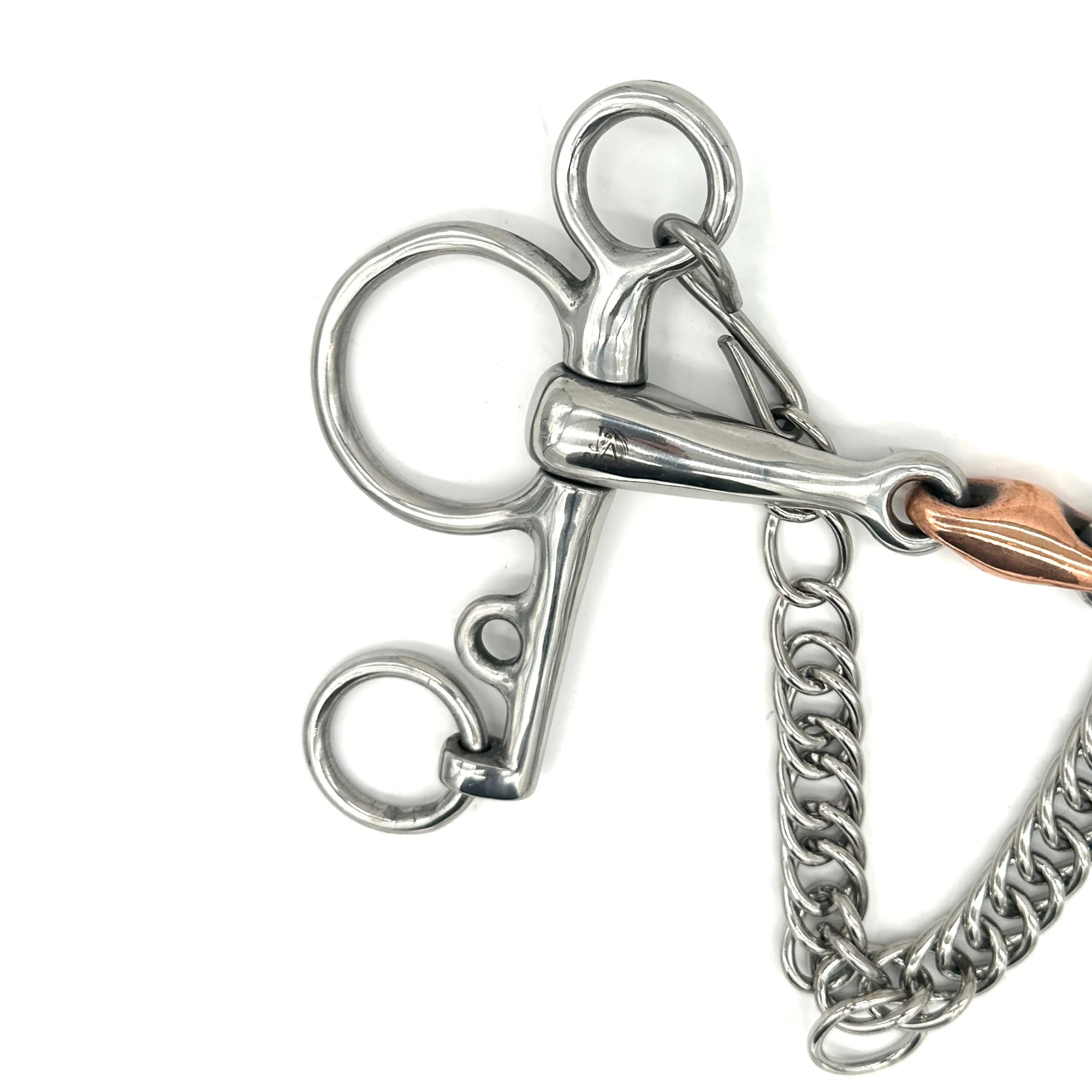 Closeup of the cheekpiece of a Jake Adams Equestrian Double Jointed Copper Elliptical Pelham bit on a white background.