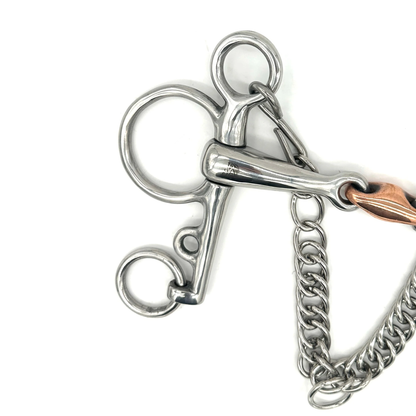 Closeup of the cheekpiece of a Jake Adams Equestrian Double Jointed Copper Elliptical Pelham bit on a white background.