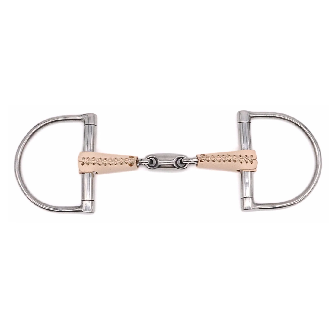 Jake Adams Equestrian Double Jointed Leather Covered D bit on a white background.
