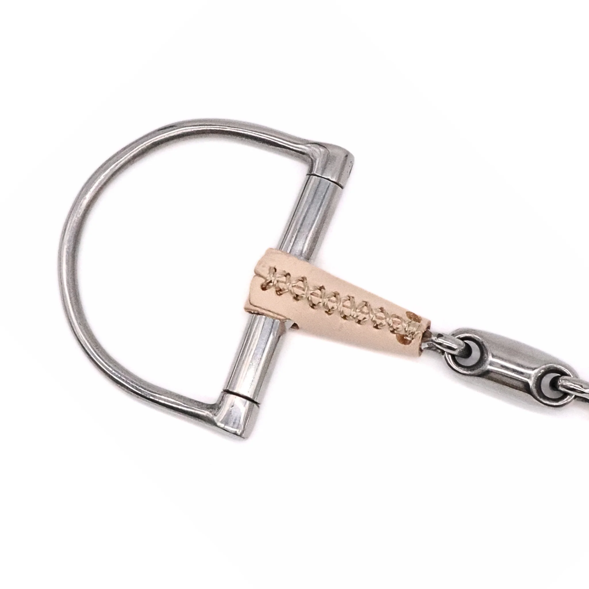 Closeup image of the D cheekpiece of a Jake Adams Equestrian Double Jointed Leather Covered D bit on a white background.