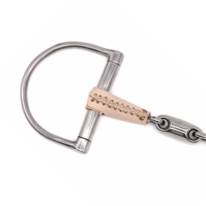 Closeup image of the D cheekpiece of a Jake Adams Equestrian Double Jointed Leather Covered D bit on a white background.