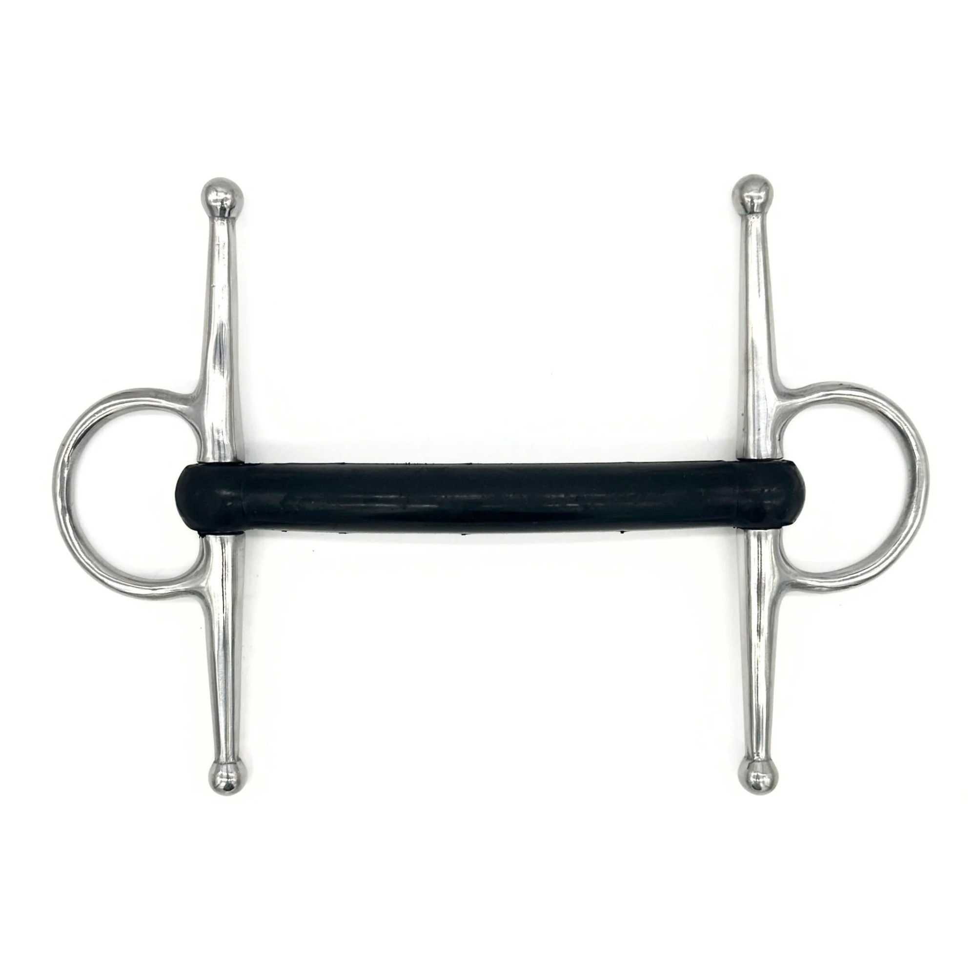 Jake Adams Equestrian Hard Rubber Mullen Full Cheek bit on a white background.