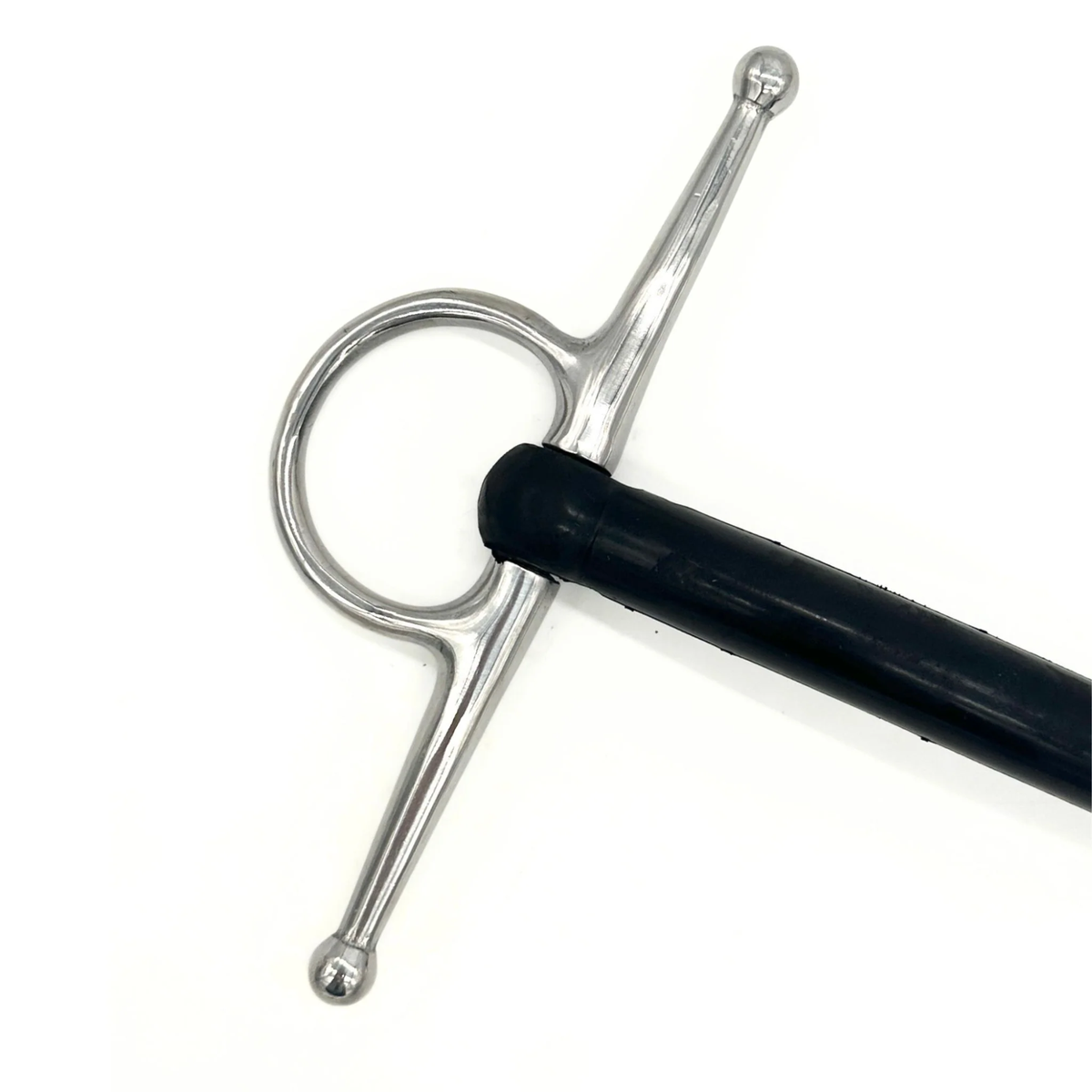 Closeup of a cheekpiece of a Jake Adams Equestrian Hard Rubber Mullen Full Cheek bit on a white background.