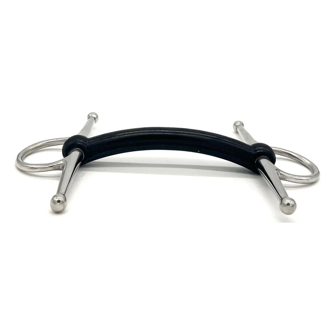 Side view of a Jake Adams Equestrian Hard Rubber Mullen Full Cheek bit on a white background.