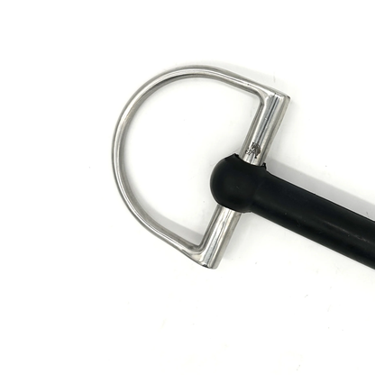 Closeup of the cheekpiece on a Jake Adams Equestrian Hard Rubber Mullen Full Cheek bit on a white background.