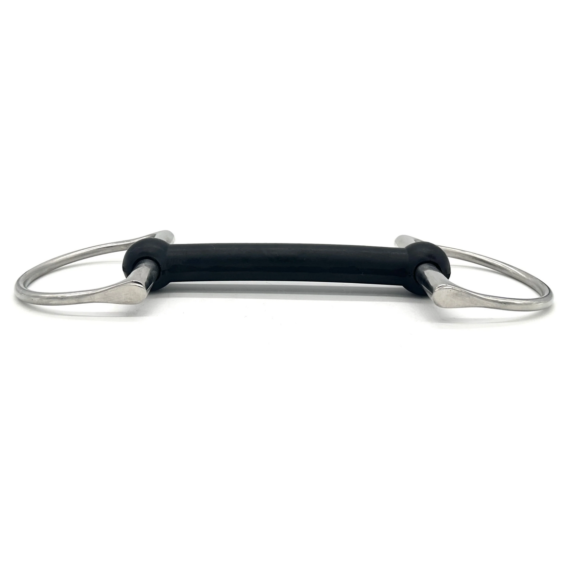 Side view of a Jake Adams Equestrian Hard Rubber Mullen Full Cheek bit on a white background.