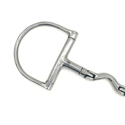 Closeup view of the D cheekpiece of a Jake Adams Equestrian swivel port hinge D bit on a White Background.