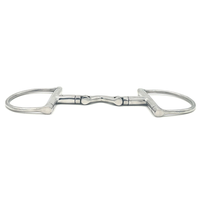 Side view of a Jake Adams Equestrian swivel port hinge D bit on a White Background.