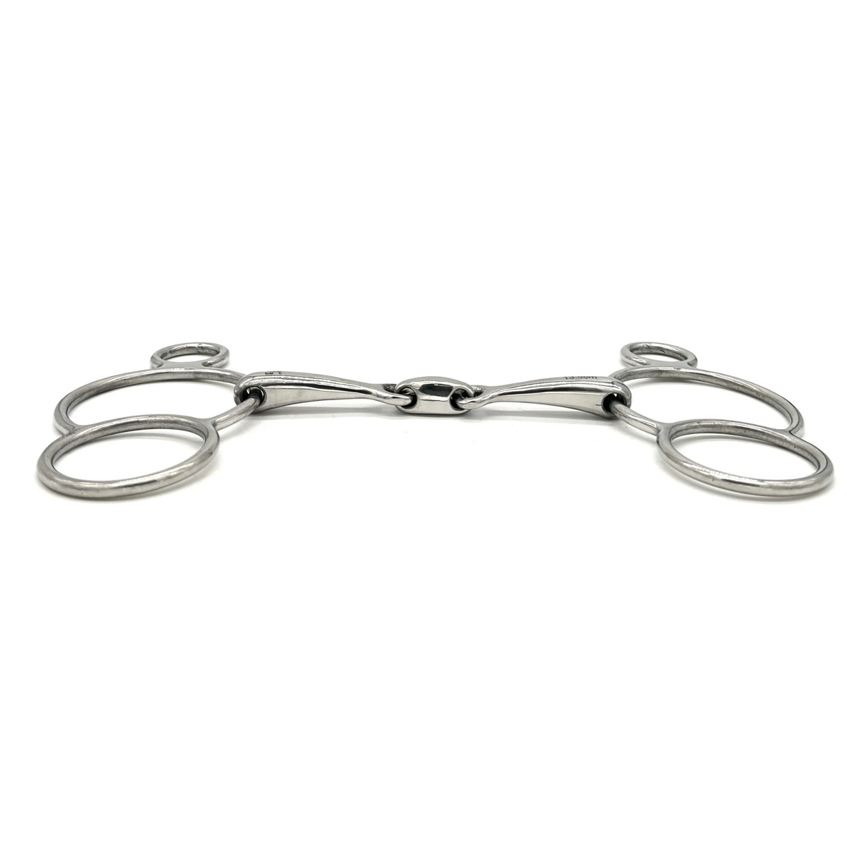 Side view of a Jake Adams Equestrian Locking Elliptical Two Ring bit on a white background.