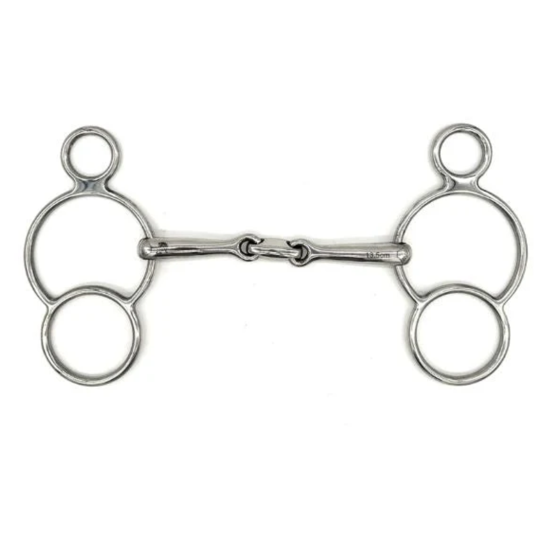 Jake Adams Equestrian Locking Elliptical Two Ring bit on a white background.