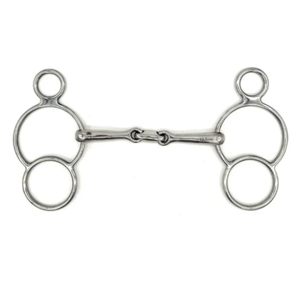 Jake Adams Equestrian Locking Elliptical Two Ring bit on a white background.