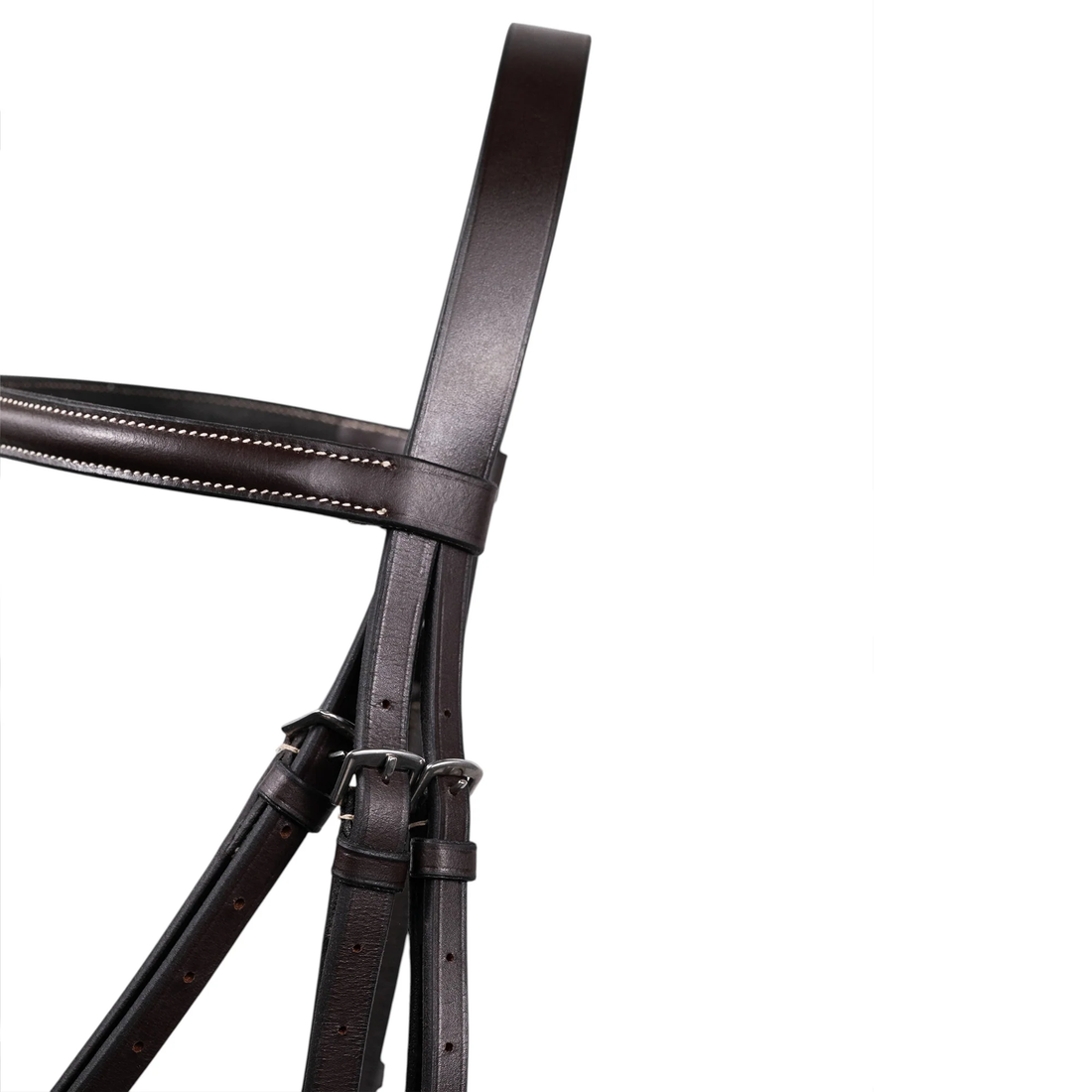 Crownpiece detail of a Jake Adams Equestrian Raised Fancy Stitched Hunter Bridle on a white background.